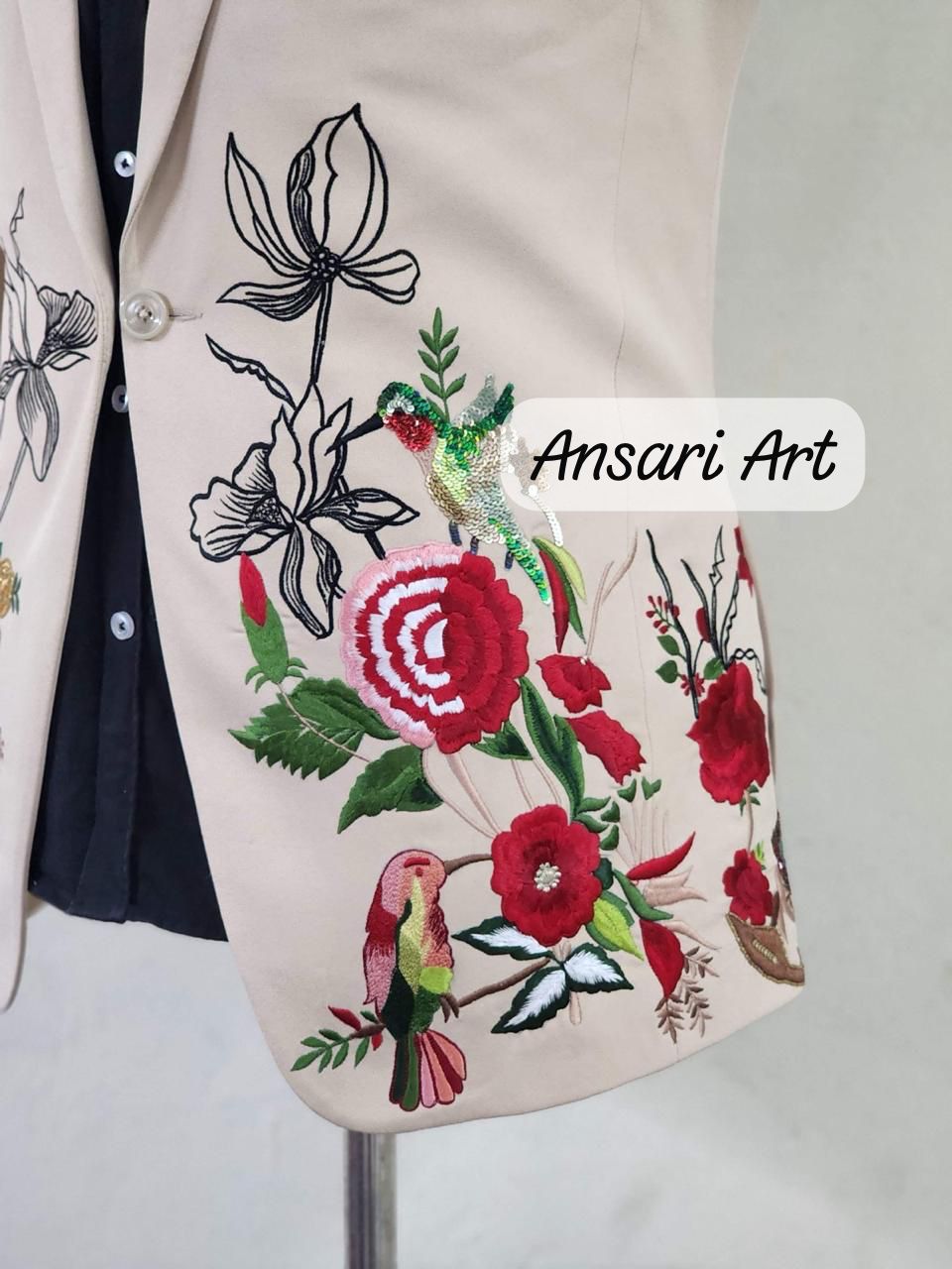 Men Beige 2Pc Bespoke Floral Flower Vines Embroidered Handmade Rhinestone Country Western Suit Retro Tuxedo Cocktail Party Wedding Groom Set - Image 5