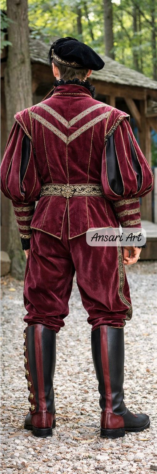 Men Renaissance Medieval Burgundy Velvet Costume | Custom Tudor Noble Outfit | Vintage Royal LARP Wedding Groom Fair Attire - Image 3