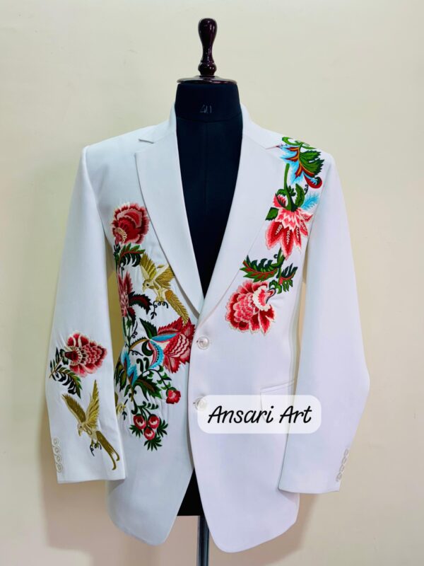 Men White 2Pc Customized Country Western Nudie Suit, exquisitely embroidered with colorful floral and bird motifs Cowboy Cocktail Prom Set