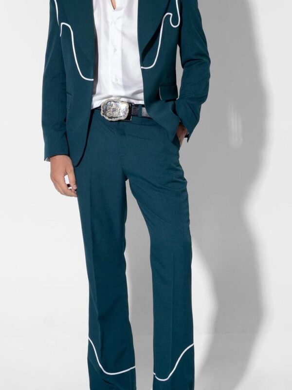 Men Greenish Blue 2Pc Customized Piping Embroidered Vintage Country Western Nudie Suit Retro Cowboy Party Wedding Groom Bespoke Outfit