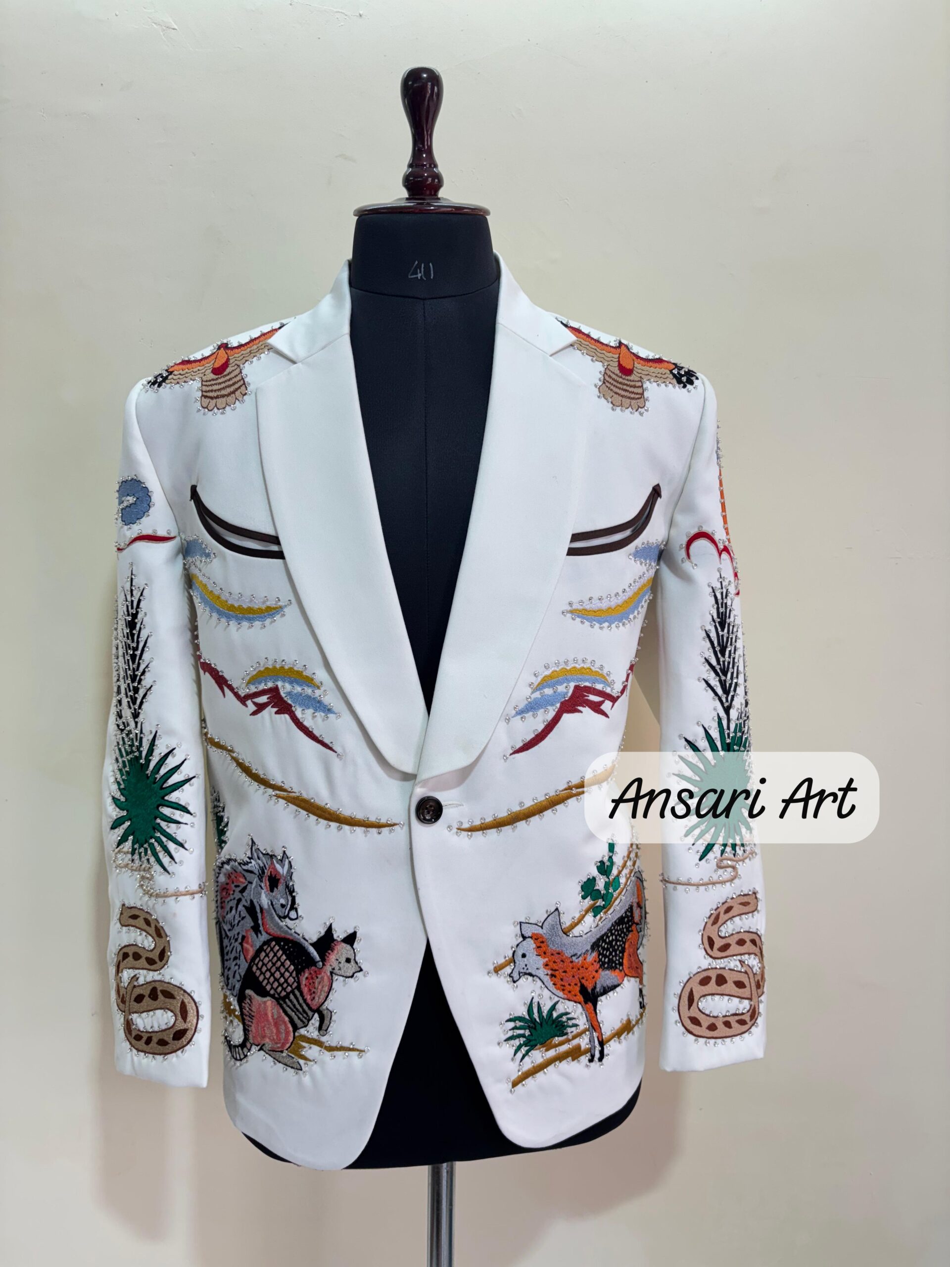Men White Designer 2Pc Bespoke Snake Cactus & Eagle Embroidered With Rhinestones Nudie Cowboy Cocktail Prom Parties Weddings Outfit - Image 5