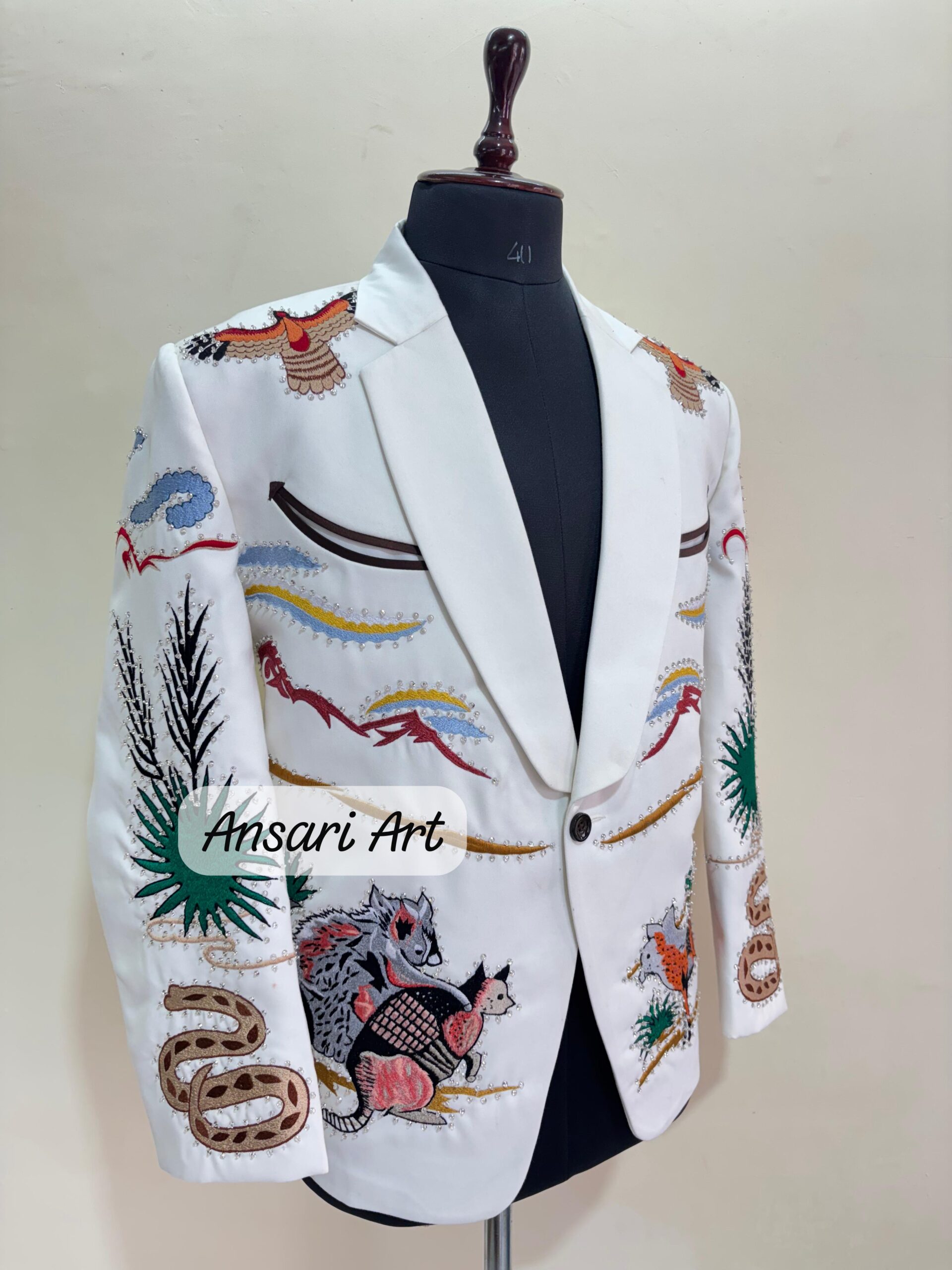 Men White Designer 2Pc Bespoke Snake Cactus & Eagle Embroidered With Rhinestones Nudie Cowboy Cocktail Prom Parties Weddings Outfit