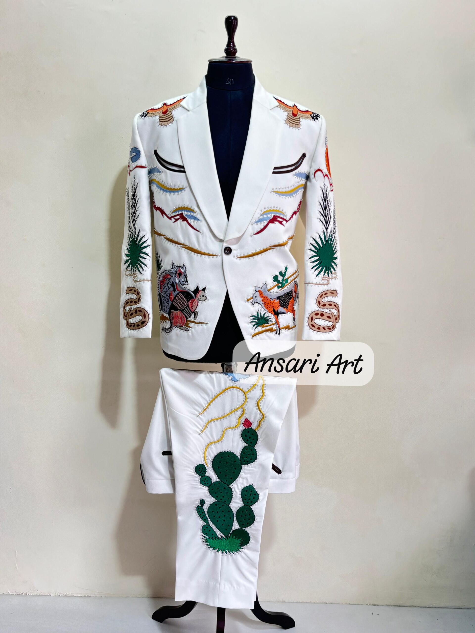 Men White Designer 2Pc Bespoke Snake Cactus & Eagle Embroidered With Rhinestones Nudie Cowboy Cocktail Prom Parties Weddings Outfit - Image 6