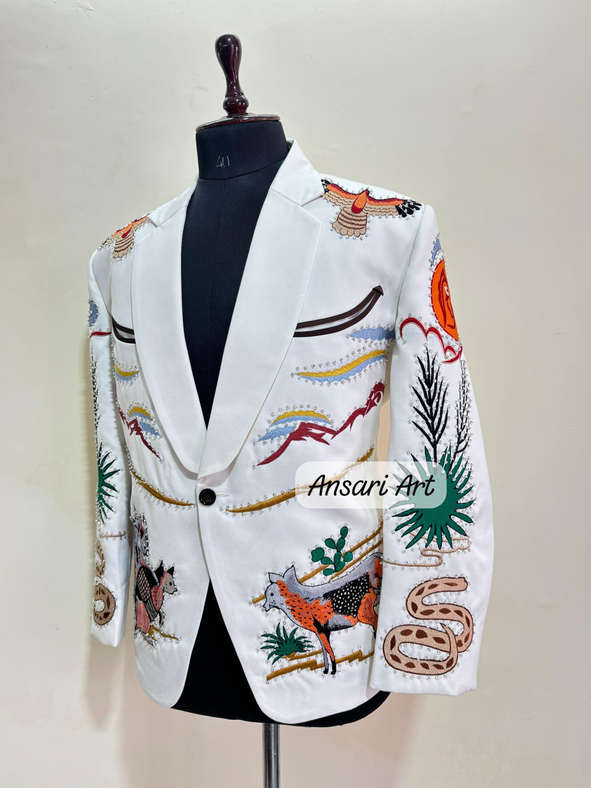 Men White Designer 2Pc Bespoke Snake Cactus & Eagle Embroidered With Rhinestones Nudie Cowboy Cocktail Prom Parties Weddings Outfit - Image 3