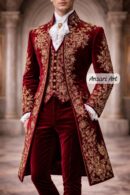 Luxury Burgundy Velvet Groom Suit for Men – Gold Embroidered Victorian Tailcoat Set – Royal Baroque Wedding Outfit