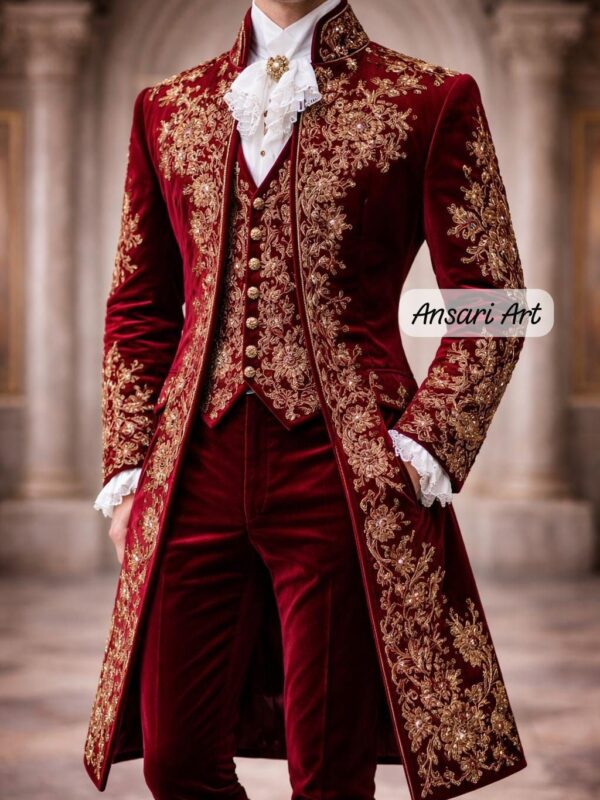 Luxury Burgundy Velvet Groom Suit for Men – Gold Embroidered Victorian Tailcoat Set – Royal Baroque Wedding Outfit
