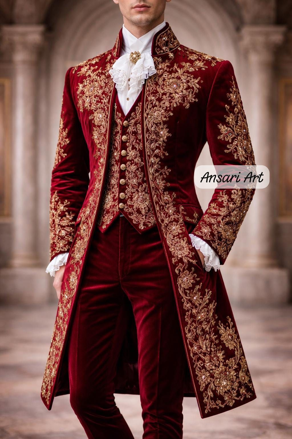 Luxury Burgundy Velvet Groom Suit for Men – Gold Embroidered Victorian Tailcoat Set – Royal Baroque Wedding Outfit