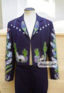 Men Blue 2Pc Vintage Western Suit Cactus Leaf Embroidered with Rhinestones A Retro-Inspired Cowboy Suit for Weddings Prom and Special Events