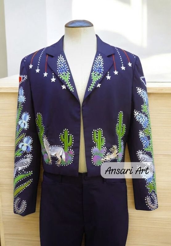Men Blue 2Pc Vintage Western Suit Cactus Leaf Embroidered with Rhinestones A Retro-Inspired Cowboy Suit for Weddings Prom and Special Events