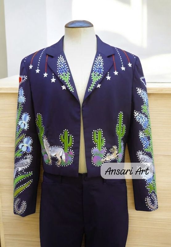 Men Blue 2Pc Vintage Western Suit Cactus Leaf Embroidered with Rhinestones A Retro-Inspired Cowboy Suit for Weddings Prom and Special Events