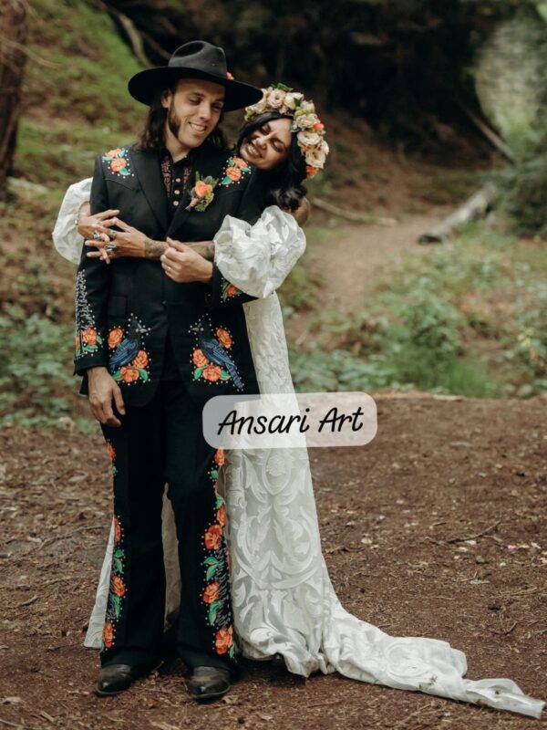 Men 2Pc Hand Embroidered Black Floral Wedding Suit for Men, Custom Boho Groom Suit, Artistic Statement Outfit