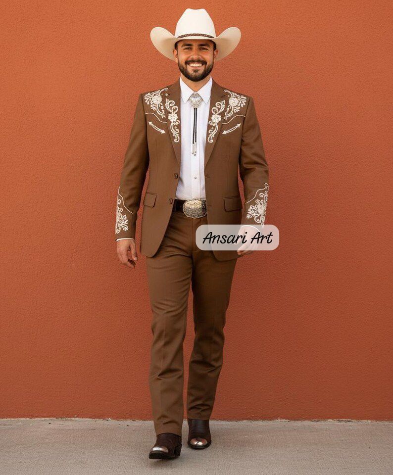 Men Brown 2Pc Bespoke Floral Embroidered Cowboy Country Western Nudie Weddings, rodeos, performances, and special occasions Pantsuit Set - Image 5