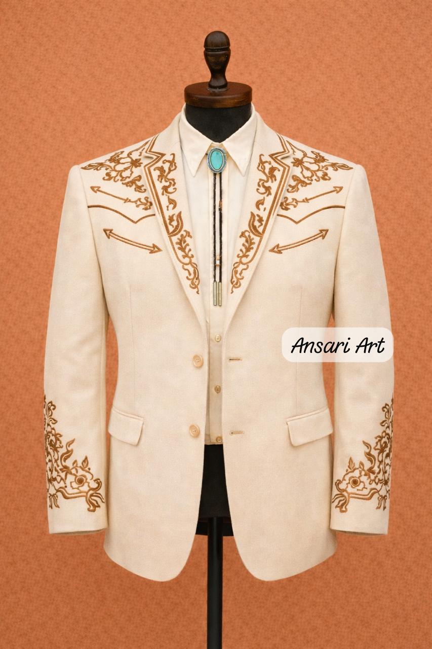 Men 2Pc Ivory Handmade Bespoke Floral Embroidered Cowboy Western Nudie Suit | Vintage Wedding Groom Outfit - Image 2