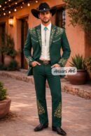 Men 2Pc Forest Green Custom Embroidered Cowboy Floral Western Nudie Suit | Retro Wedding Groom Prom Party Outfit