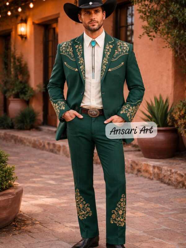Men 2Pc Forest Green Custom Embroidered Cowboy Floral Western Nudie Suit | Retro Wedding Groom Prom Party Outfit