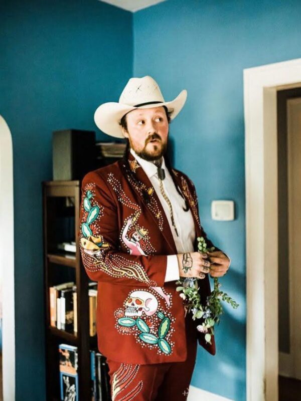 Men's Maroon 2Piece Cowboy Western Nudie Suit – Skeleton Floral Embroidery with Rhinestones & High Waist Pant Cocktail Prom Parties Weddings Set