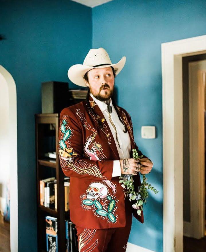 Men's Maroon 2Piece Cowboy Western Nudie Suit – Skeleton Floral Embroidery with Rhinestones & High Waist Pant Cocktail Prom Parties Weddings Set