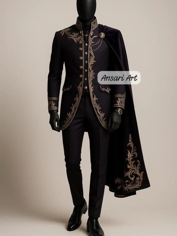 Men Dark Royal Costume. Gold Embroidered Frock Coat & Velvet Cape. Bespoke Prince/King/Groom Wedding Attire.