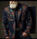 Men's Navy Blue 2-Piece Custom Designer Floral Embroidered Suit – Western Cowboy Retro Style Cocktail Prom Parties Weddings Events Pantsuit
