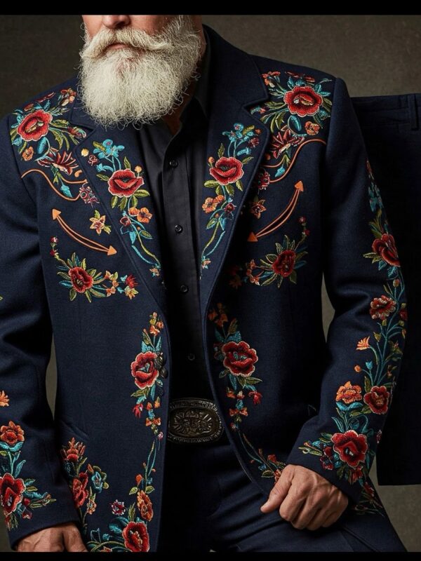 Men's Navy Blue 2-Piece Custom Designer Floral Embroidered Suit – Western Cowboy Retro Style Cocktail Prom Parties Weddings Events Pantsuit