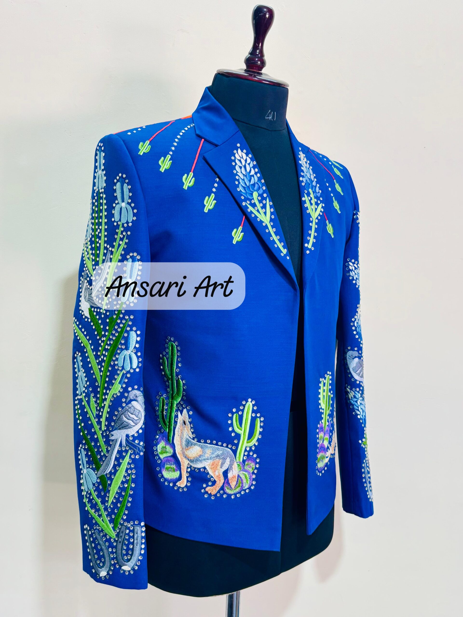 Men Blue 2Pc Vintage Western Suit Cactus Leaf Embroidered With Rhinestones A Retro Inspired Cowboy Suit For Weddings Prom and Special Events - Image 2