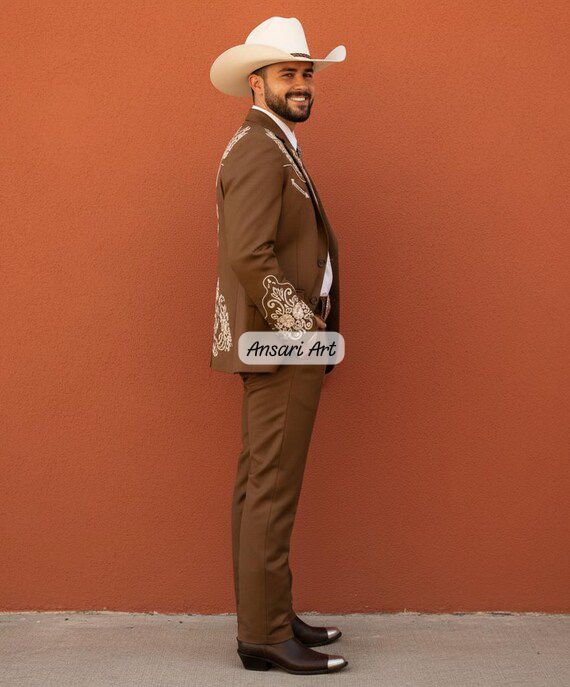 Men Brown 2Pc Bespoke Floral Embroidered Cowboy Country Western Nudie Weddings, rodeos, performances, and special occasions Pantsuit Set - Image 3