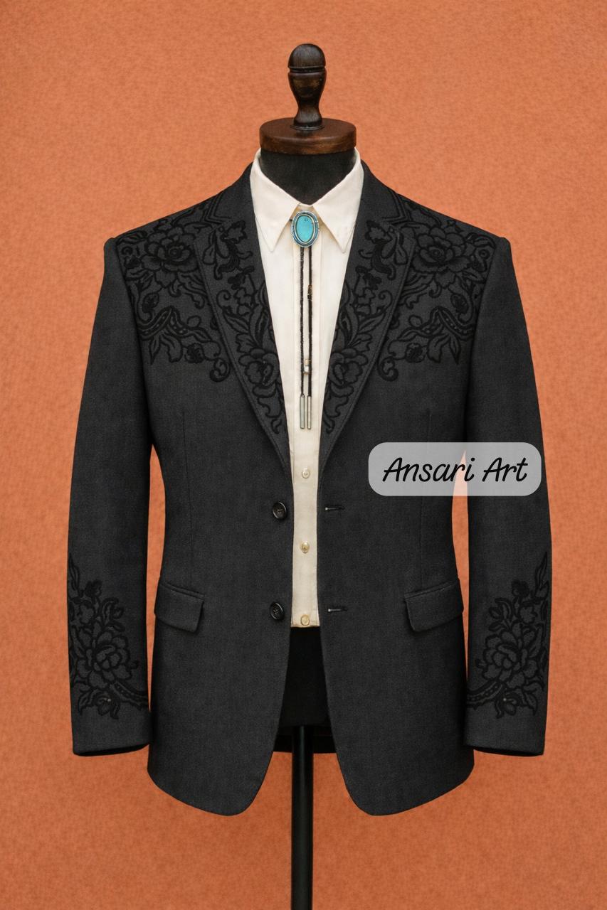 Men Designer 2Pc Deep Charcoal Custom Floral Embroidered Cowboy Western Nudie Suit | Vintage Wedding Groom Outfit - Image 2
