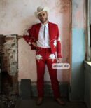 Men Red Bespoke Floral Embroidered Country Western Nudie Suit, 2Pc Custom Cowboy Wedding Concert Outfit