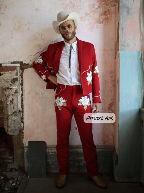 Men Red Bespoke Floral Embroidered Country Western Nudie Suit, 2Pc Custom Cowboy Wedding Concert Outfit