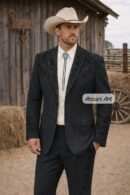 Men Designer 2Pc Deep Charcoal Custom Floral Embroidered Cowboy Western Nudie Suit | Vintage Wedding Groom Outfit