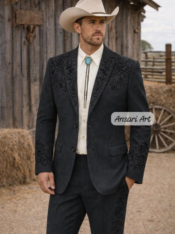 Men Designer 2Pc Deep Charcoal Custom Floral Embroidered Cowboy Western Nudie Suit | Vintage Wedding Groom Outfit