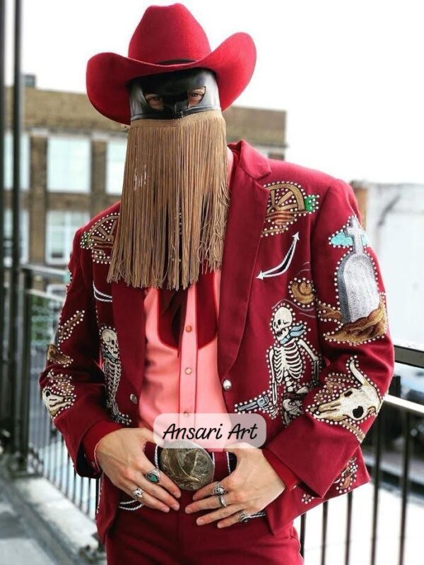 Men 2Pc Red Bespoke Skeleton Embroidered Country Western Nudie Suit Jacket, Custom Gothic Cowboy Concert Outfit