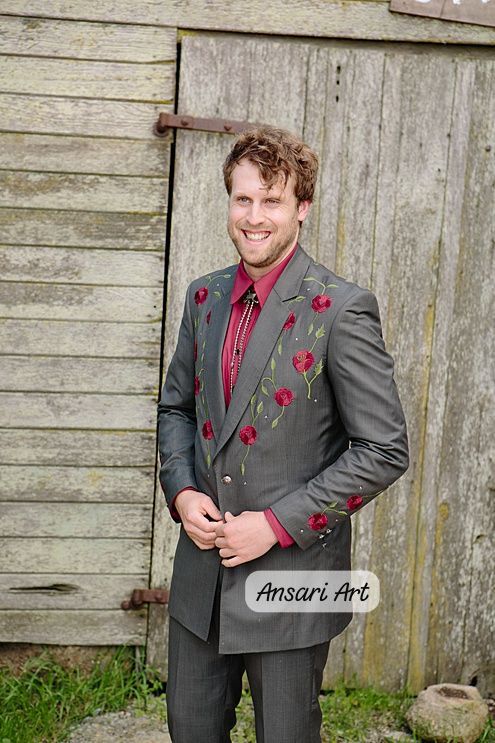 Men 2Pc Hand Embroidered Grey Floral Wedding Suit for Men, Rose Blazer & Pants, Custom Groom Outfit