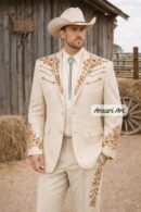 Men 2Pc Ivory Handmade Bespoke Floral Embroidered Cowboy Western Nudie Suit | Vintage Wedding Groom Outfit