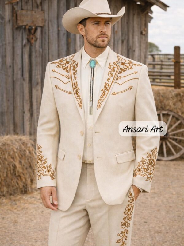 Men 2Pc Ivory Handmade Bespoke Floral Embroidered Cowboy Western Nudie Suit | Vintage Wedding Groom Outfit