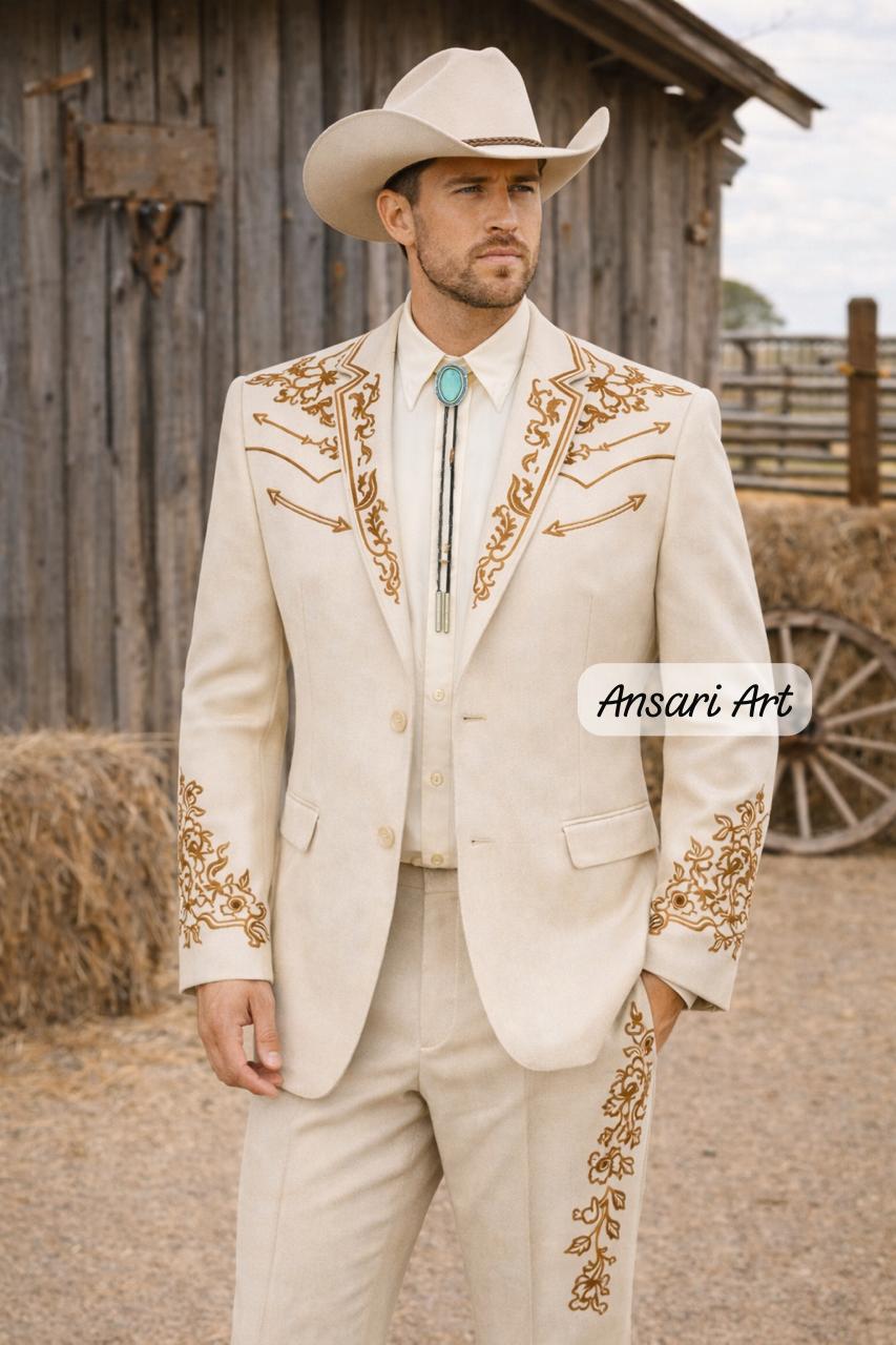 Men 2Pc Ivory Handmade Bespoke Floral Embroidered Cowboy Western Nudie Suit | Vintage Wedding Groom Outfit