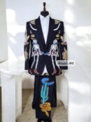 Men 2Pc Hand Embroidered Black Skeleton Suit for Men, Gothic Western Blazer & Pants, Custom Statement Outfit
