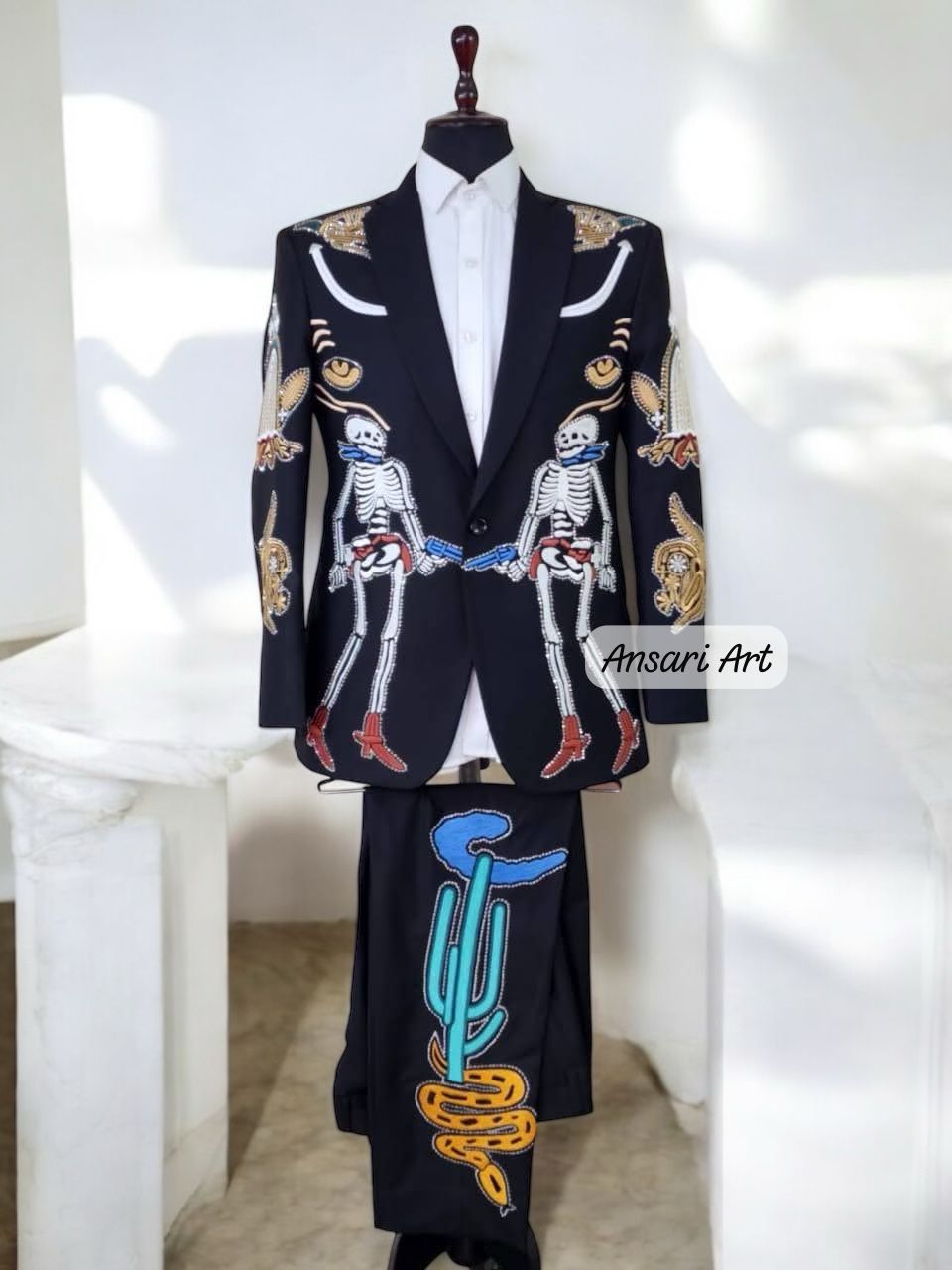 Men 2Pc Hand Embroidered Black Skeleton Suit for Men, Gothic Western Blazer & Pants, Custom Statement Outfit