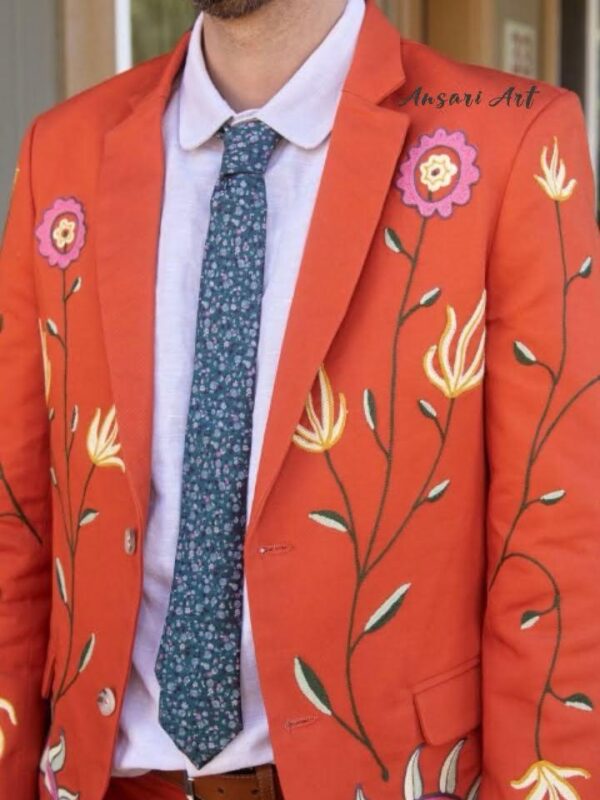 Men’s Rust Orange 2Pc Custom Made Western Suit – Chainstitch Floral & Leaf Vines Embroidered Nudie Cowboy Cocktail Prom Parties Weddings Set