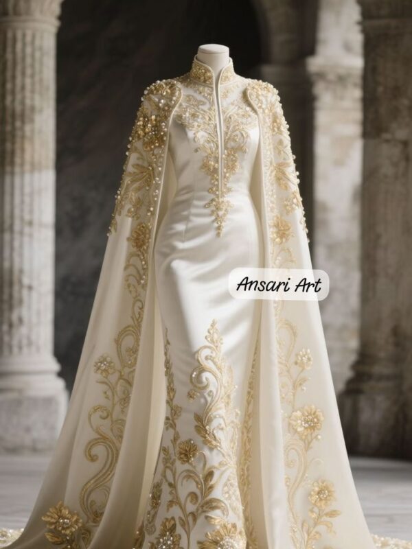 Ivory Embroidered Bridal Gown with Cape, Gold Floral Luxury Wedding Dress, Modest Elegant Couture Bridal Wear
