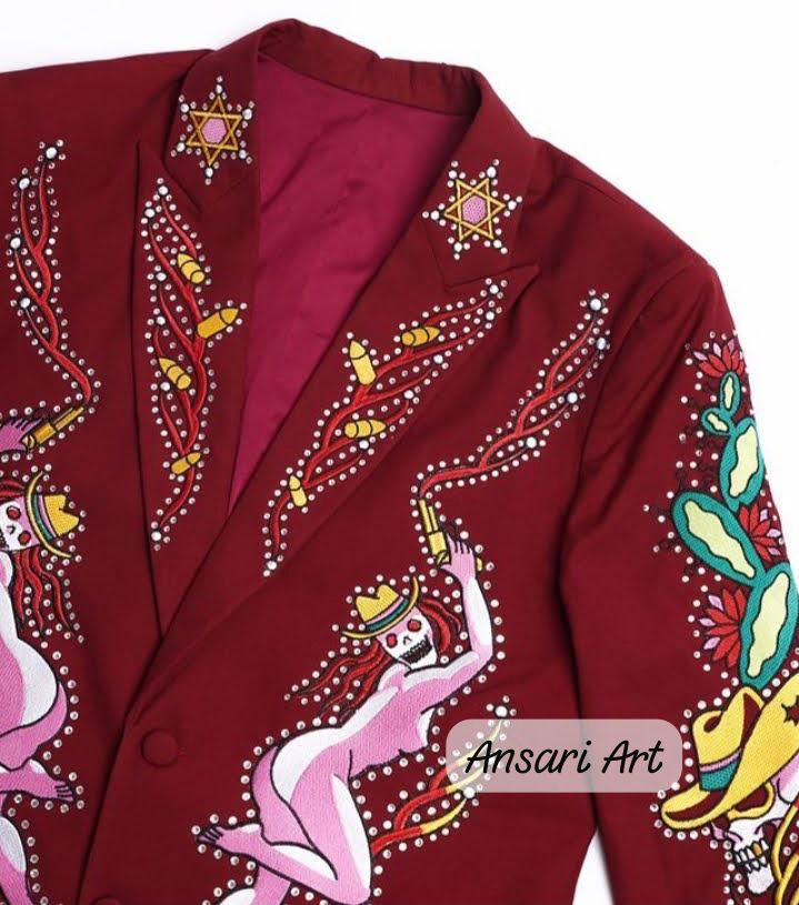 Men's Maroon 2Piece Cowboy Western Nudie Suit – Skeleton Floral Embroidery with Rhinestones & High Waist Pant Cocktail Prom Parties Weddings Set - Image 4