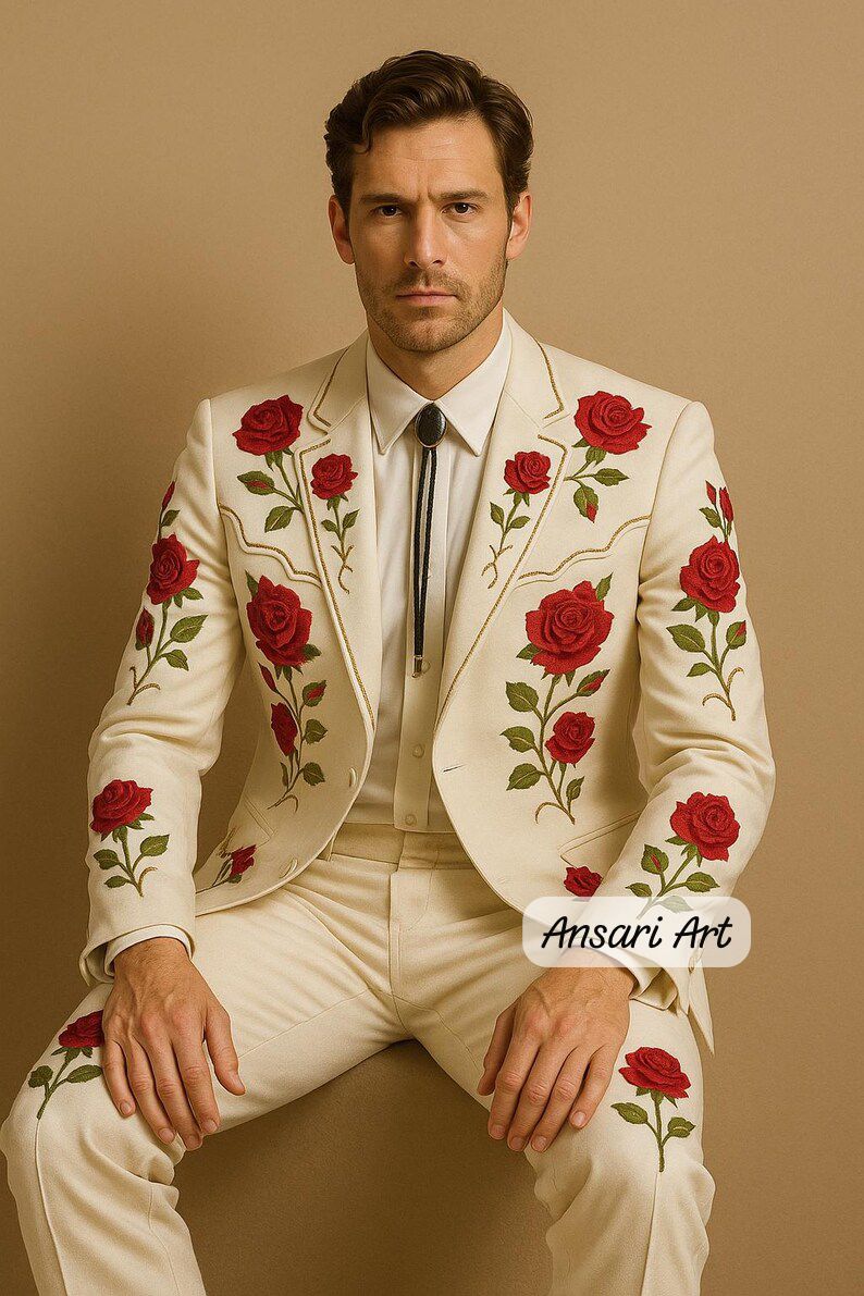 Men Designer Ivory 2Pc Customized Rose Floral Embroidered Country Western events & rodeo Nudie Cowboy Weddings Prom Parties Pantsuit Set - Image 3