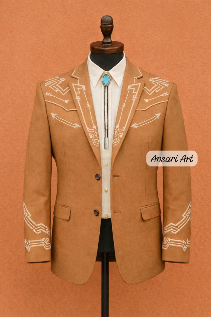 Men 2Pc Tan Custom Embroidered Cowboy Floral Country Western Nudie Suit | Vintage Wedding Groom Outfit Prom Party Set - Image 2