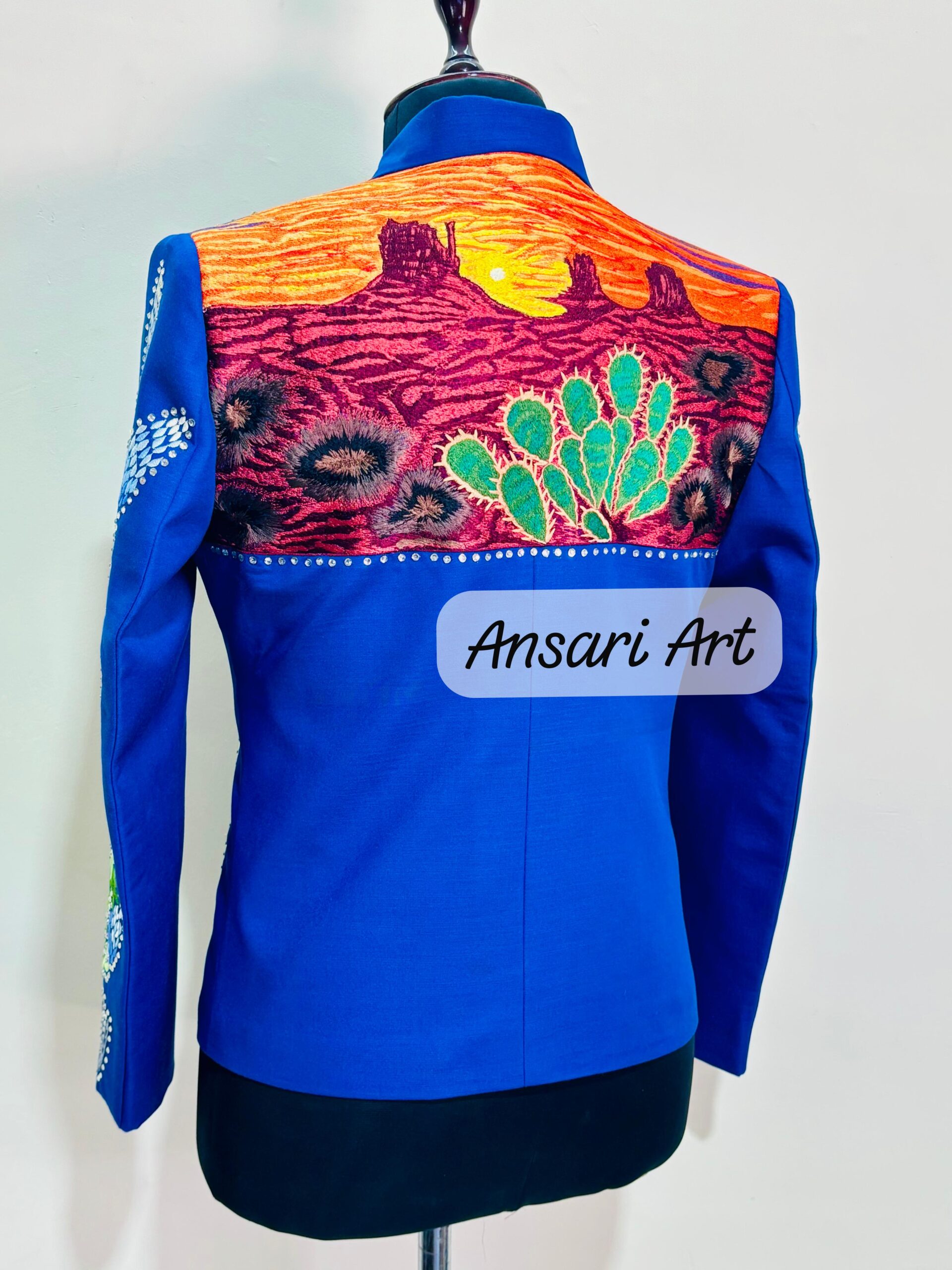 Men Blue 2Pc Vintage Western Suit Cactus Leaf Embroidered With Rhinestones A Retro Inspired Cowboy Suit For Weddings Prom and Special Events