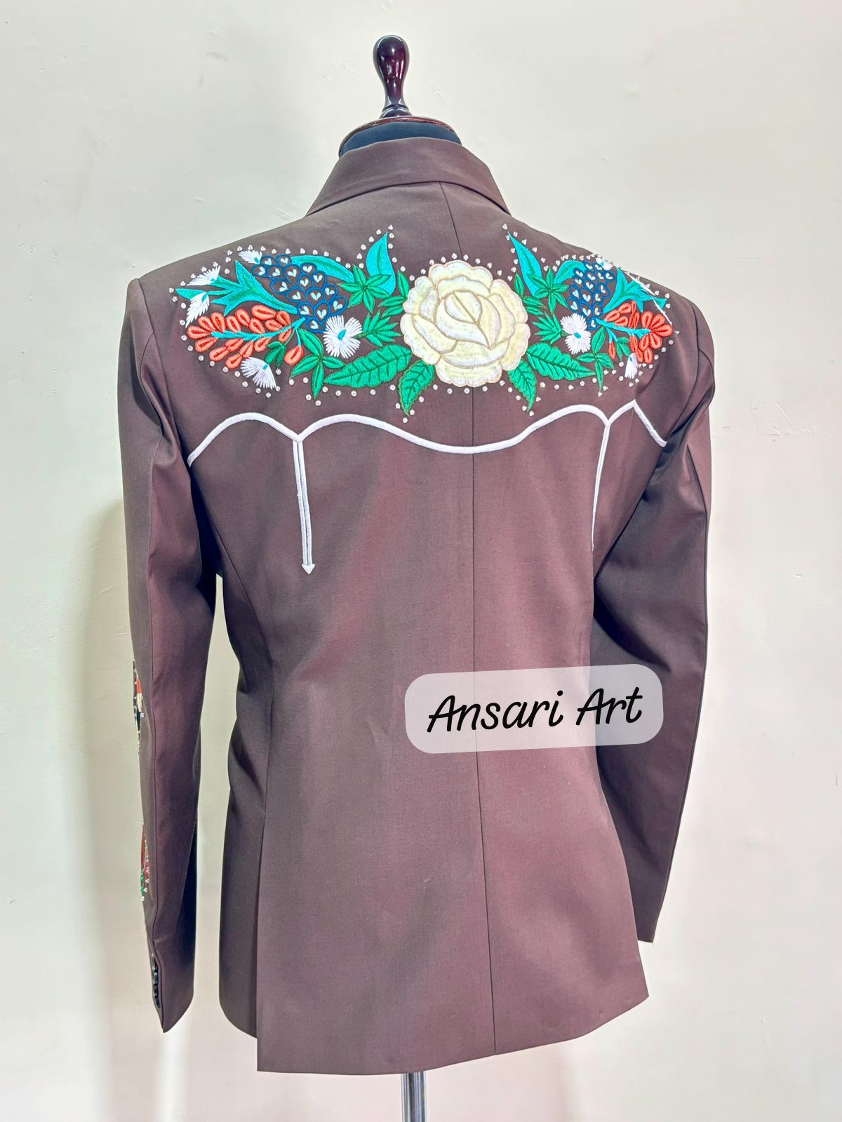 Men Designer Brown 2Pc Bespoke Country Western Cactus Floral Snacks Embroidered Nudie Cowboy Cocktail Prom Party Weddings Outfit - Image 2