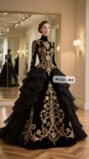 Black Gold Embroidered Ball Gown, Luxury Evening Dress with Ruffled Skirt, Royal Couture Formal Gown