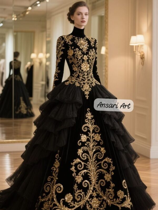 Black Gold Embroidered Ball Gown, Luxury Evening Dress with Ruffled Skirt, Royal Couture Formal Gown