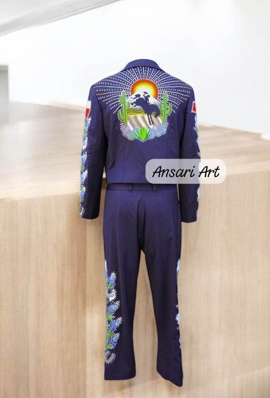 Men Blue 2Pc Vintage Western Suit Cactus Leaf Embroidered with Rhinestones A Retro-Inspired Cowboy Suit for Weddings Prom and Special Events - Image 5