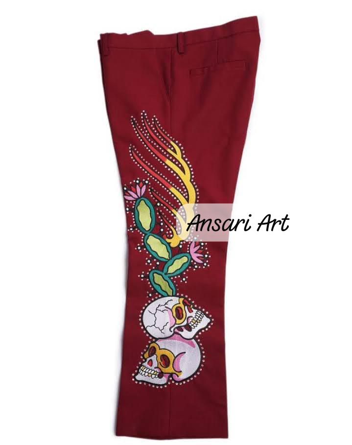 Men's Maroon 2Piece Cowboy Western Nudie Suit – Skeleton Floral Embroidery with Rhinestones & High Waist Pant Cocktail Prom Parties Weddings Set - Image 5