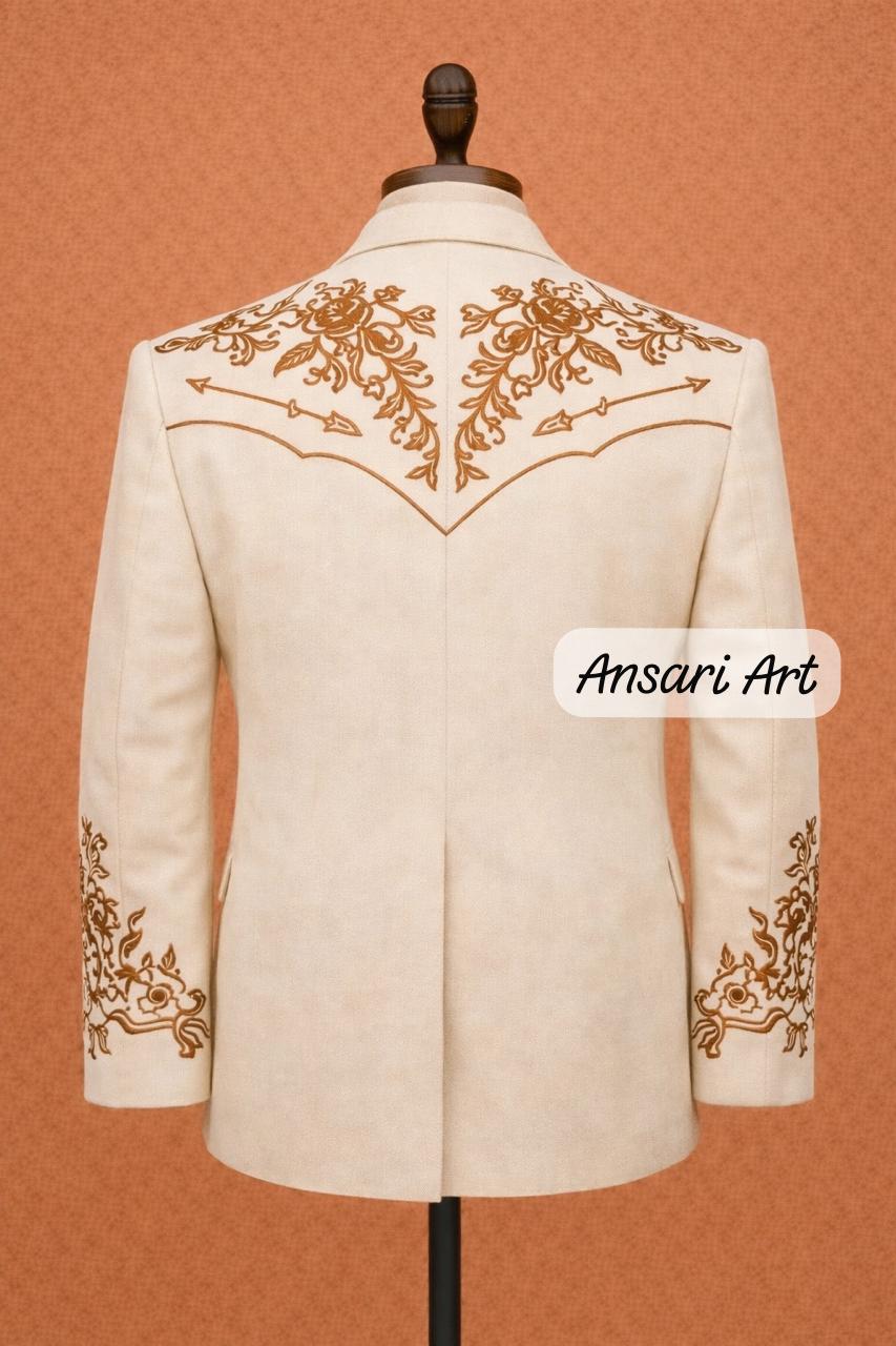 Men 2Pc Ivory Handmade Bespoke Floral Embroidered Cowboy Western Nudie Suit | Vintage Wedding Groom Outfit - Image 3